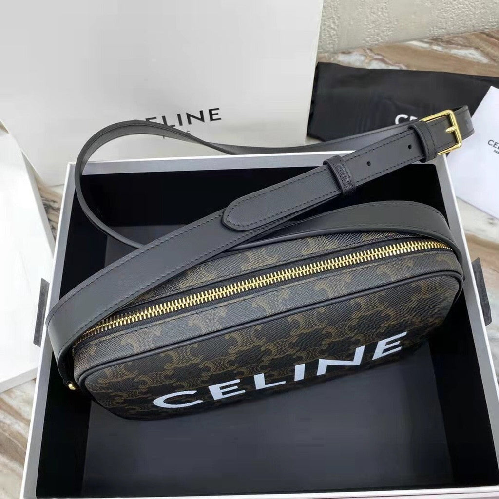 Celine Triomphe Men's Black Zipper Closure Printed Canvas Calfskin Shoulder Crossbody Bag Bags #75812