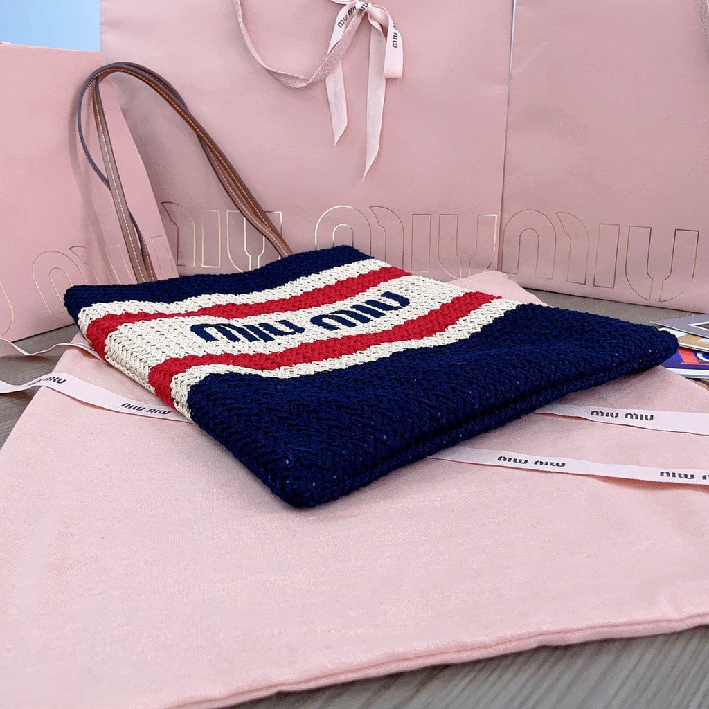 MiuMiu Women's Logo Embroidery Raffia Patchwork Cotton Thread Woven Shopping Bag Shoulder Tote Bags #76743