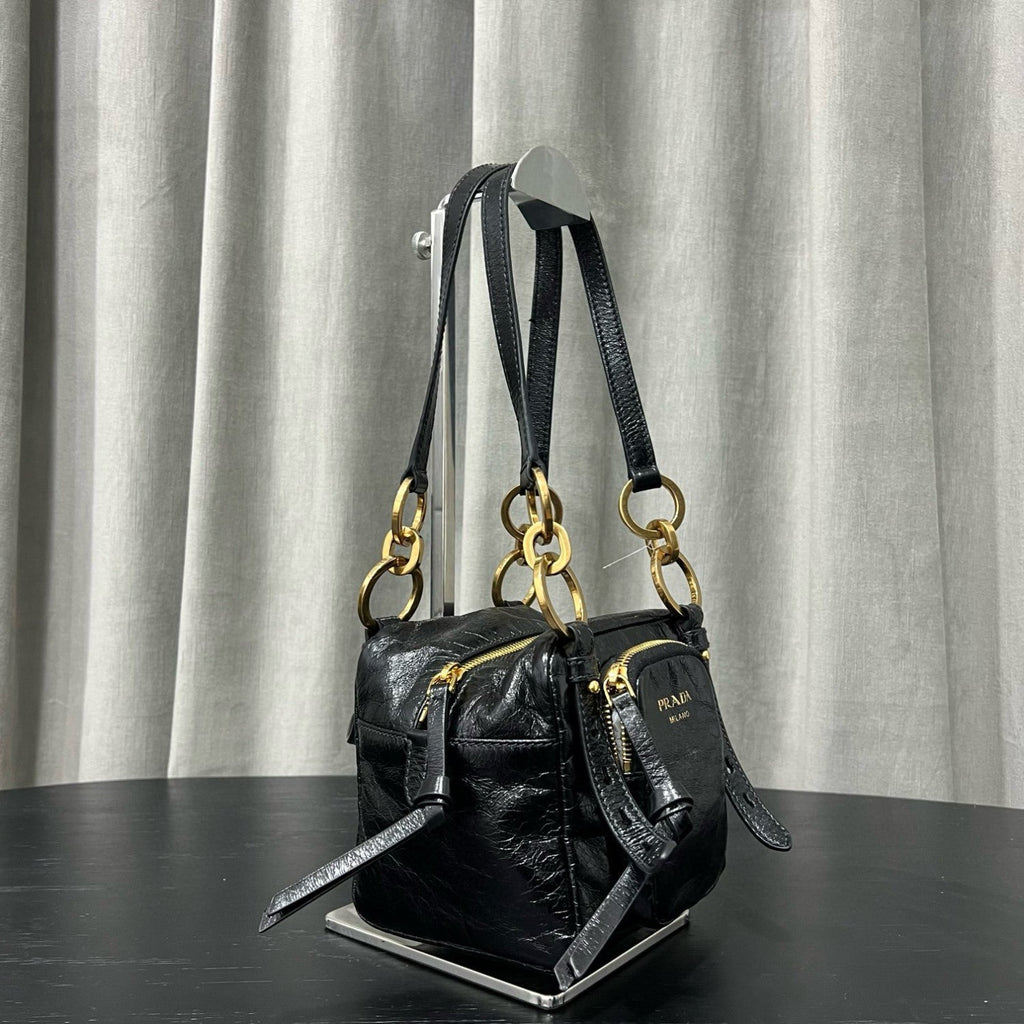 Prada Dangle Women's Black Letter Print Zipper Closure Cowhide Leather Mini Shoulder Bag Bags #75499