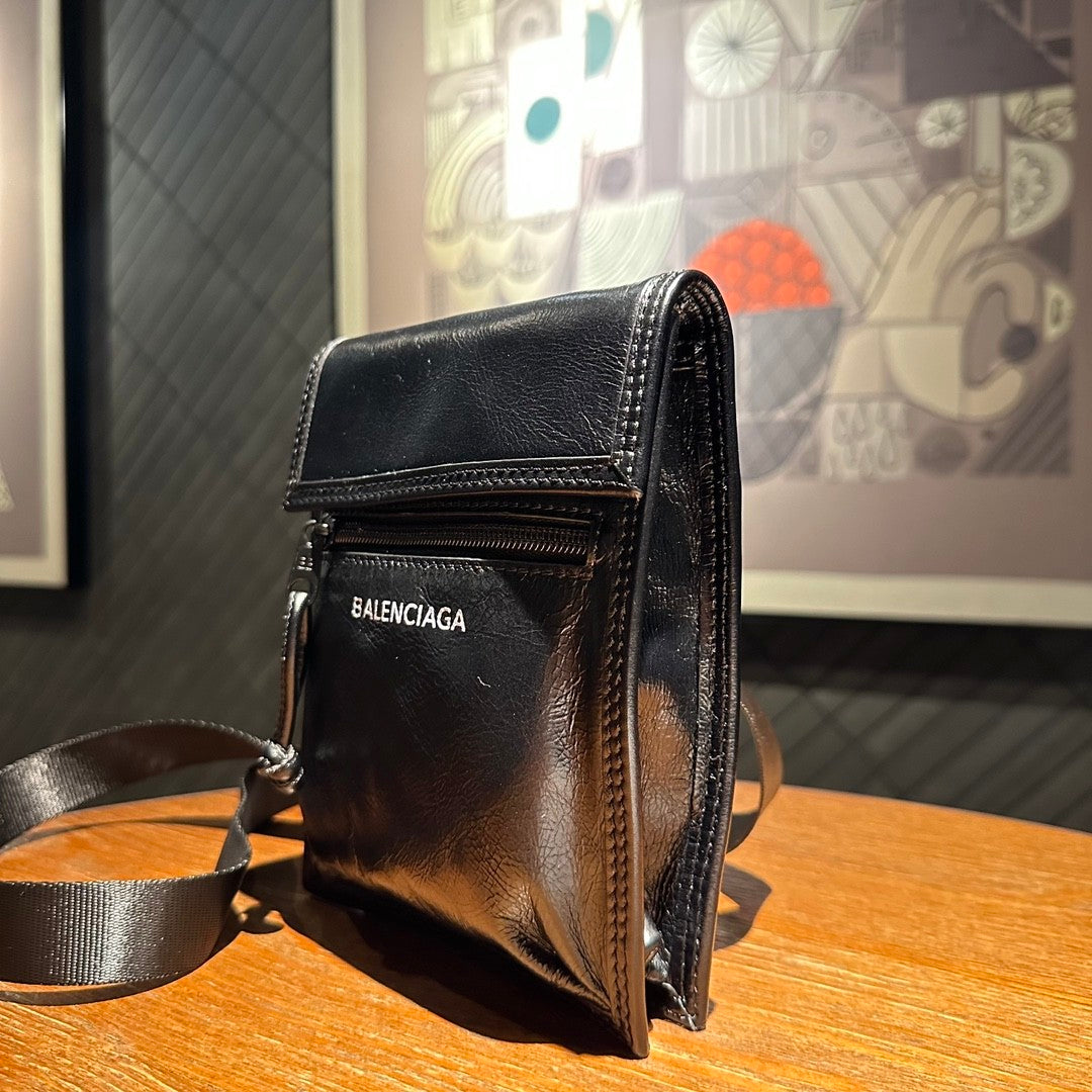 Balenciaga Men's Solid Color Monogrammed Logo Intaglio Lambskin Shoulder Crossbody Bag Bags #75672