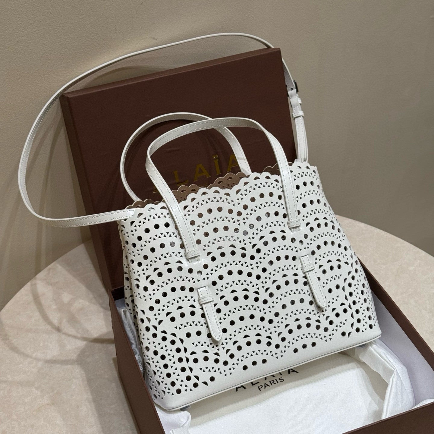 Alaia MINA 20 BAG IN VIENNE WAVE CALFSKIN Women's Solid Color Openwork Design Button Closure Wave Calfskin Shoulder Bag Handbag Bags #77381