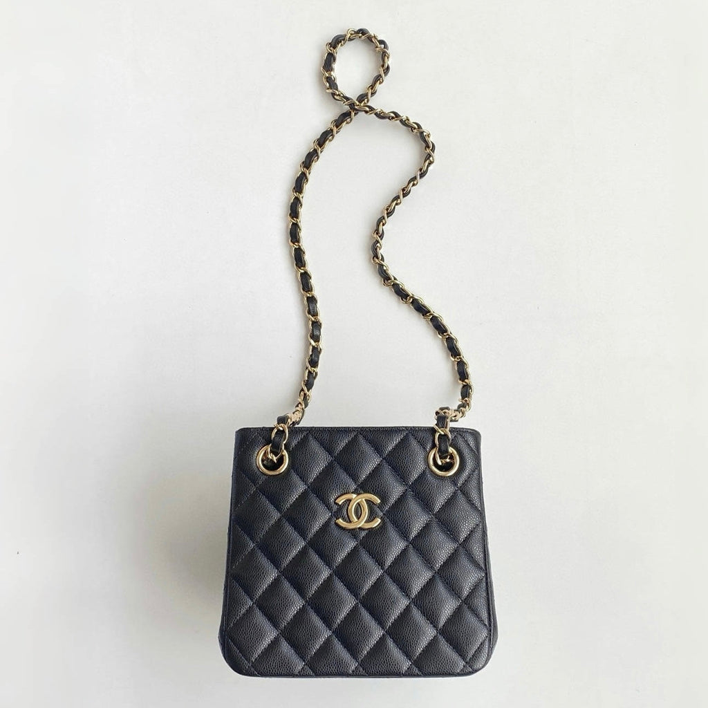 Chanel Mini Tote Diamond Double C Lychee Grain Cowhide Black Gold Double Chain Bucket Mini Tote Crossbody Bag Bags As3176 #76835