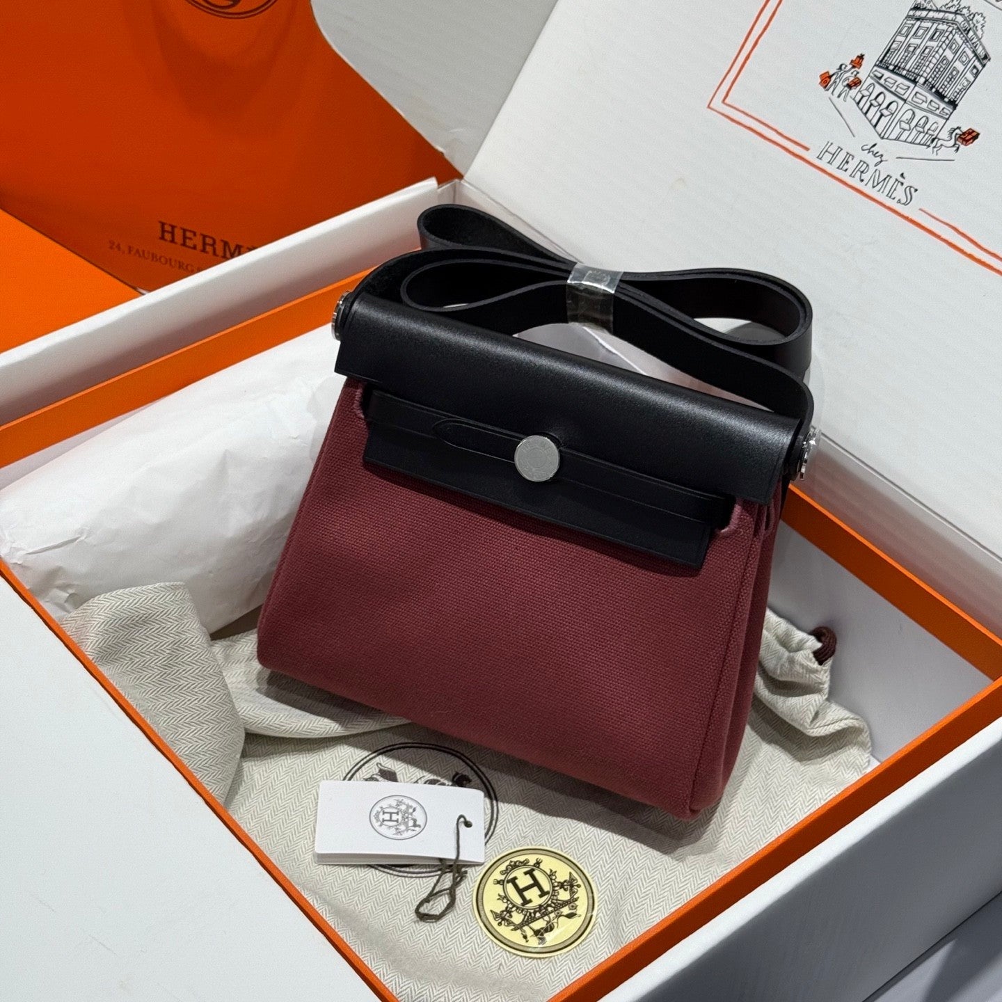 Hermes H -Mini Herbag Women's Color Blocking Metal Buckle Canvas and Cowhide Handbag Shoulder Satchel Bag Bags #76411