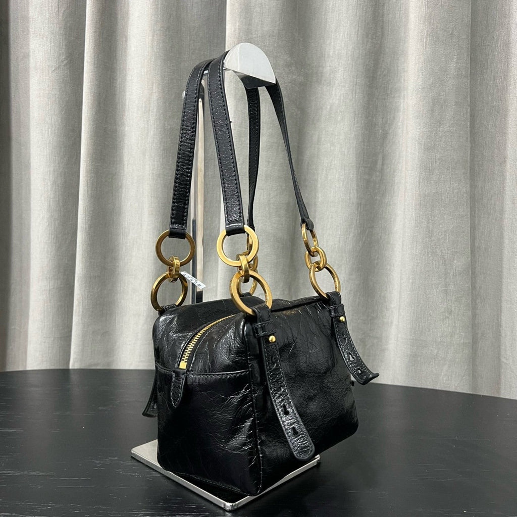 Prada Dangle Women's Black Letter Print Zipper Closure Cowhide Leather Mini Shoulder Bag Bags #75499